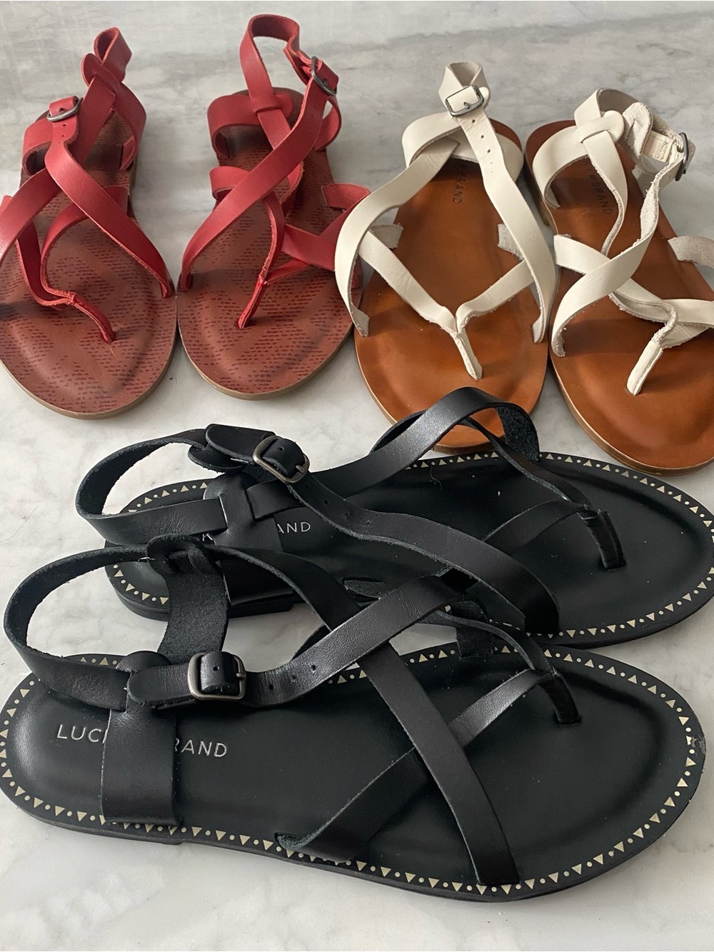 Lot Of Lucky Brand Adinis Leather Strappy Flat Sandals Size 9 Black Cream Red